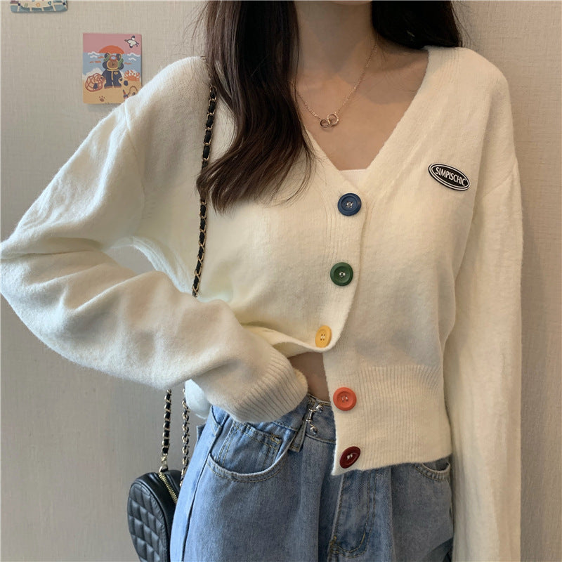 Damen Lässige Strickjacke mit bunten Knöpfen und V-Ausschnitt Drune