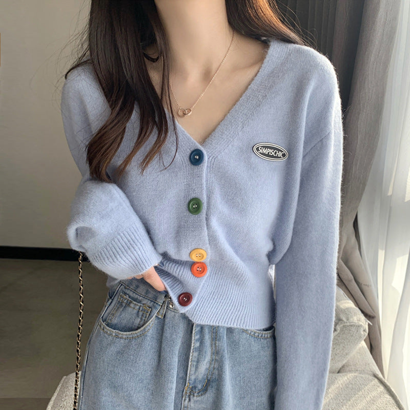Damen Lässige Strickjacke mit bunten Knöpfen und V-Ausschnitt Drune