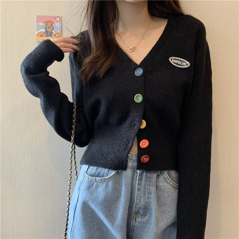 Damen Lässige Strickjacke mit bunten Knöpfen und V-Ausschnitt Drune
