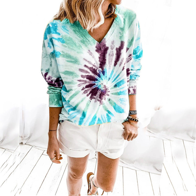 Damen Lässiges Batik-V‑Ausschnitt Sweatshirt mit lockerer Passform Drune