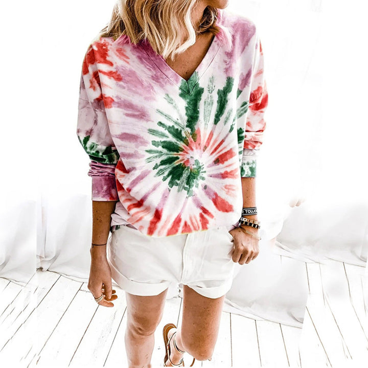 Damen Lässiges Batik-V‑Ausschnitt Sweatshirt mit lockerer Passform Drune