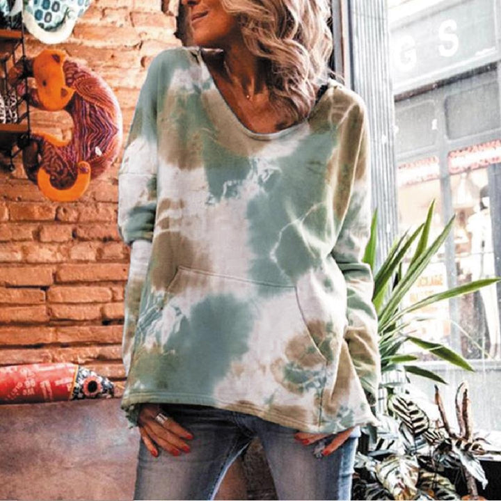 Damen Oversize Batik-Pullover mit V-Ausschnitt und Kängurutasche Drune