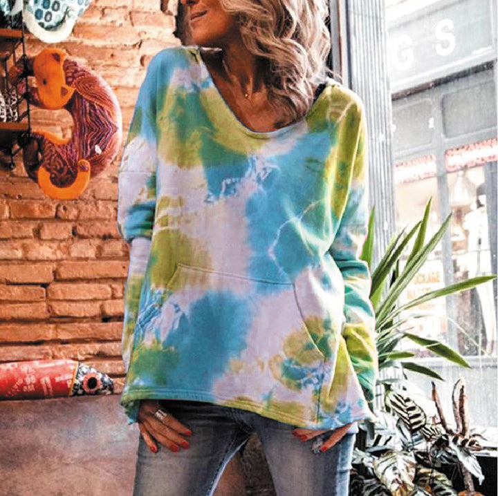 Damen Oversize Batik-Pullover mit V-Ausschnitt und Kängurutasche Drune