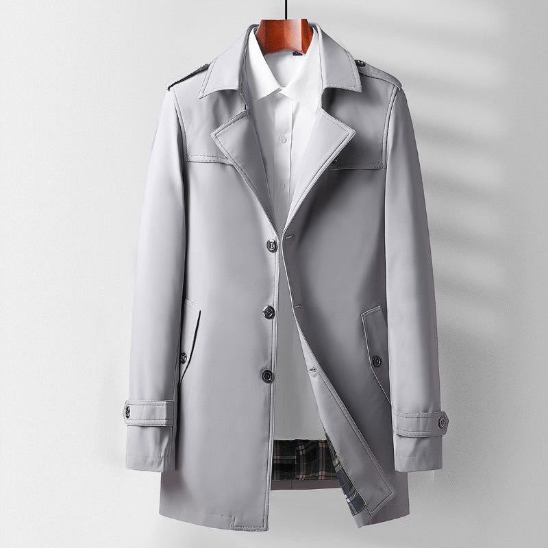 Herren Midilanger Funktions-Trenchcoat mit Schulterklappen, Pattentaschen und kariert gefütterter Innenblende Drune