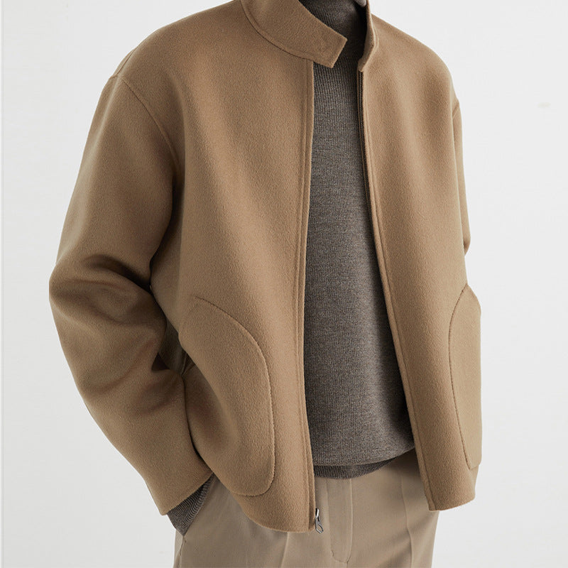 Herren Kurzgeschnittene Wollfleece-Übergangsjacke mit Stehkragen und geschwungenen Eingrifftaschen Drune