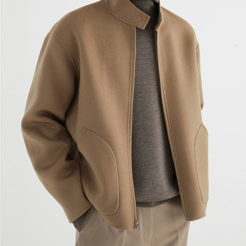 Herren Kurzgeschnittene Wollfleece-Übergangsjacke mit Stehkragen und geschwungenen Eingrifftaschen Drune