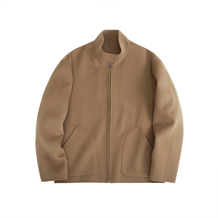 Herren Kurzgeschnittene Wollfleece-Übergangsjacke mit Stehkragen und geschwungenen Eingrifftaschen Drune