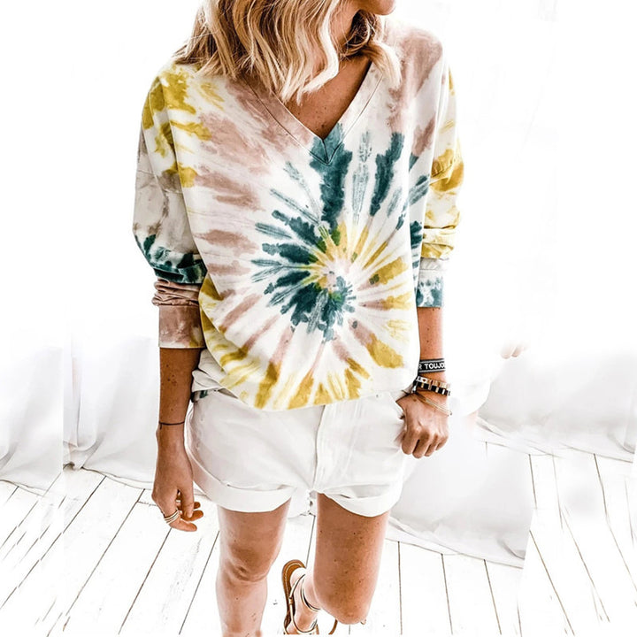 Damen Lässiges Batik-V‑Ausschnitt Sweatshirt mit lockerer Passform Drune