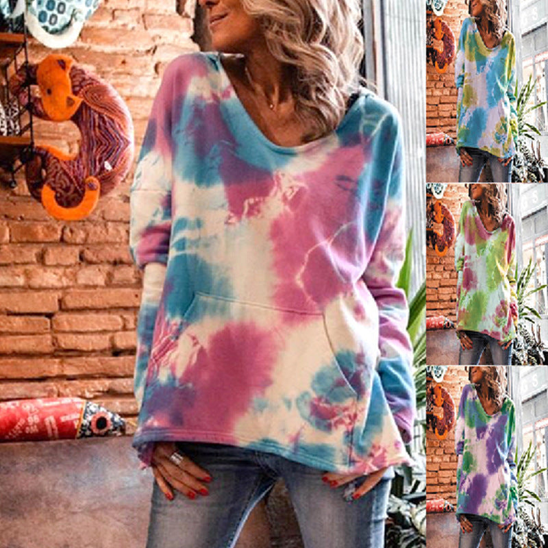 Damen Oversize Batik-Pullover mit V-Ausschnitt und Kängurutasche Drune