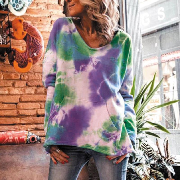 Damen Oversize Batik-Pullover mit V-Ausschnitt und Kängurutasche Drune