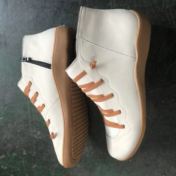 Damen nan knöchelhoher Softleder-Sneakerboot mit seitlichem Reißverschluss elastischer Zierschnürung und ergonomischer Komfortsohle Drune