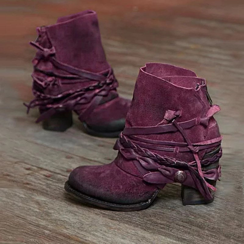 Damen nan Retro Wildlederstiefelette mit geflochtenen Lederbändern und kurzem Blockabsatz Drune