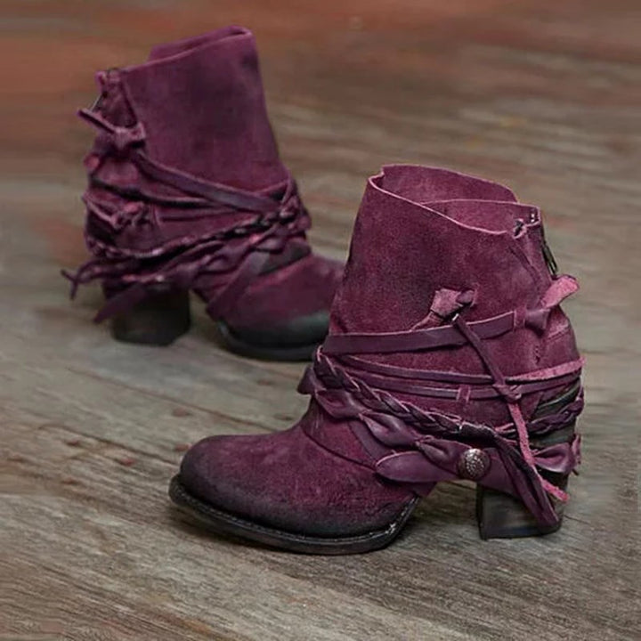 Damen nan Retro Wildlederstiefelette mit geflochtenen Lederbändern und kurzem Blockabsatz Drune