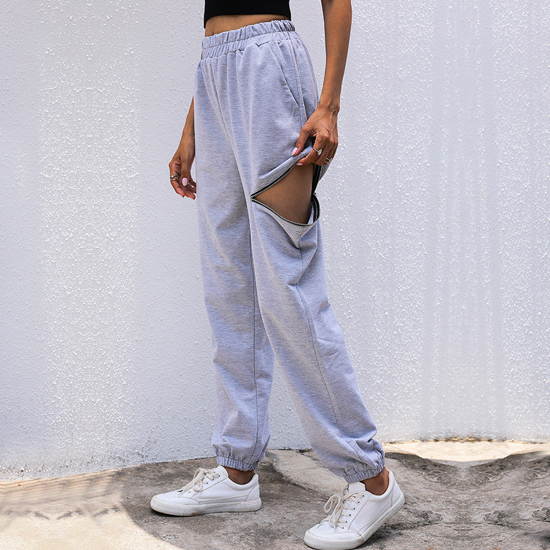 Damen Lässige High-Waist Sweathose mit Reißverschlusstasche und elastischem Saum Drune