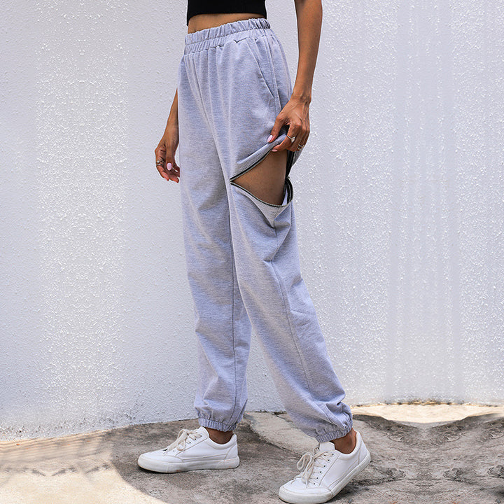 Damen Lässige High-Waist Sweathose mit Reißverschlusstasche und elastischem Saum Drune