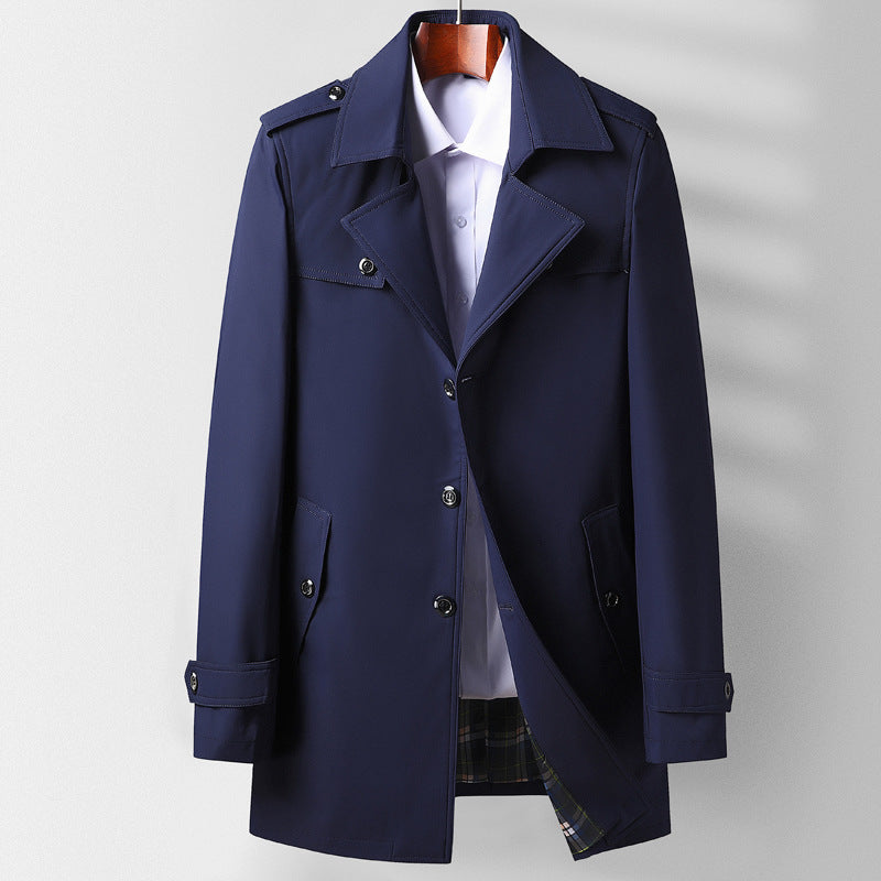 Herren Midilanger Funktions-Trenchcoat mit Schulterklappen, Pattentaschen und kariert gefütterter Innenblende Drune