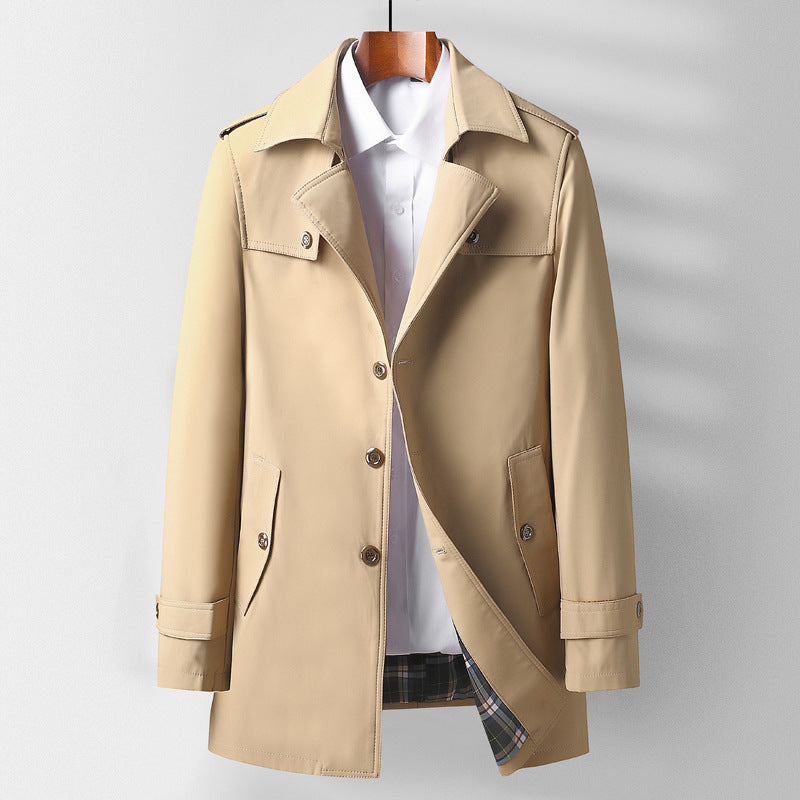 Herren Midilanger Funktions-Trenchcoat mit Schulterklappen, Pattentaschen und kariert gefütterter Innenblende Drune
