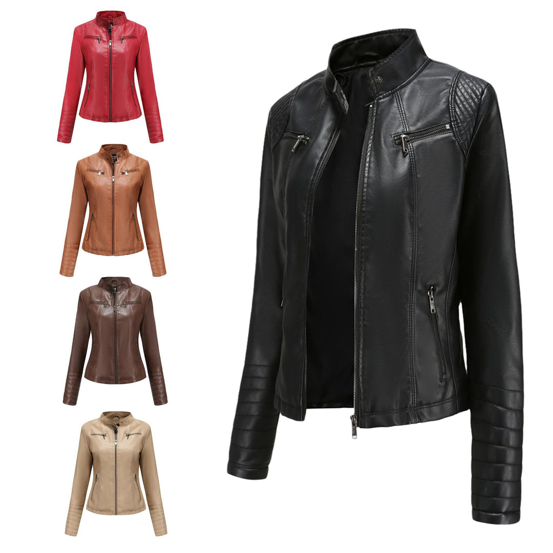 Damen nan taillierte Bikerjacke aus Kunstleder mit Stehkragen und gesteppter Ärmelpartie Drune