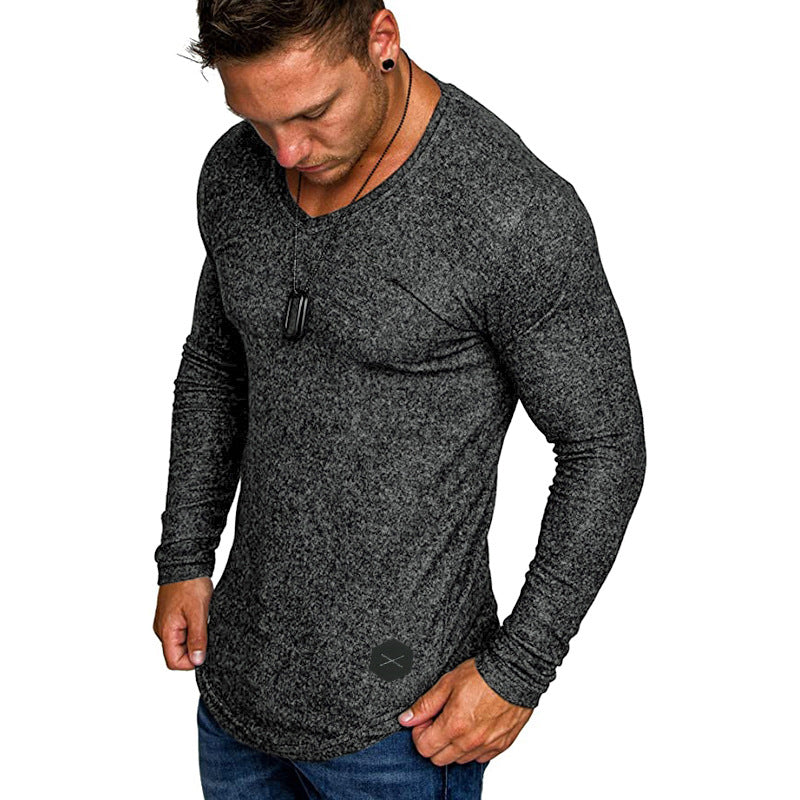 Herren Enganliegendes Langarmshirt mit tiefem V-Ausschnitt, elastischem Baumwollmix und abgerundetem Saum Drune