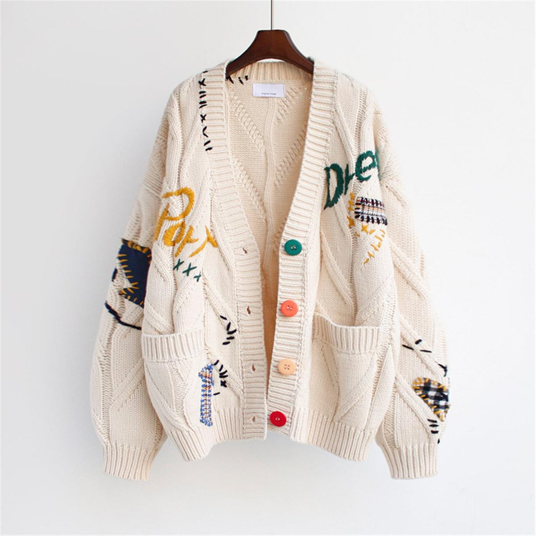 Damen lässige Strickjacke mit bunten Applikationen und großzügigen Taschen Drune