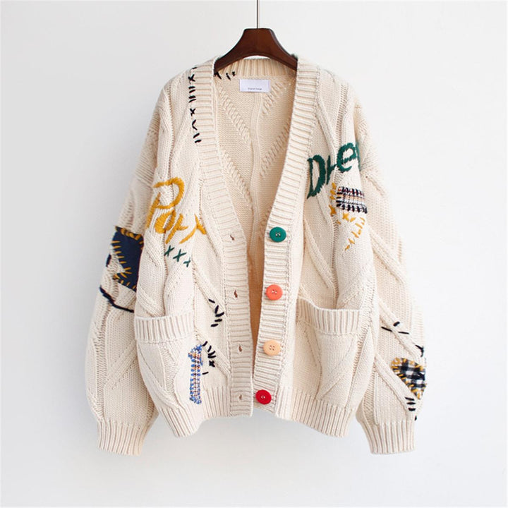 Damen lässige Strickjacke mit bunten Applikationen und großzügigen Taschen Drune