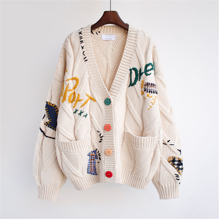 Damen lässige Strickjacke mit bunten Applikationen und großzügigen Taschen Drune