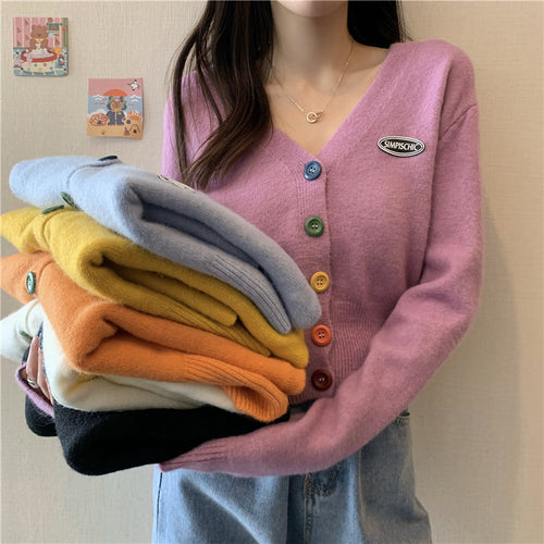 Damen Lässige Strickjacke mit bunten Knöpfen und V-Ausschnitt Drune