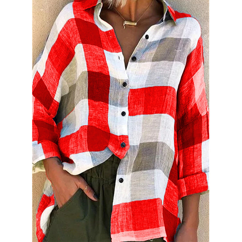 Damen nan oversized Leinenbluse mit großem Karo-Muster und legerem Hemdkragen Drune