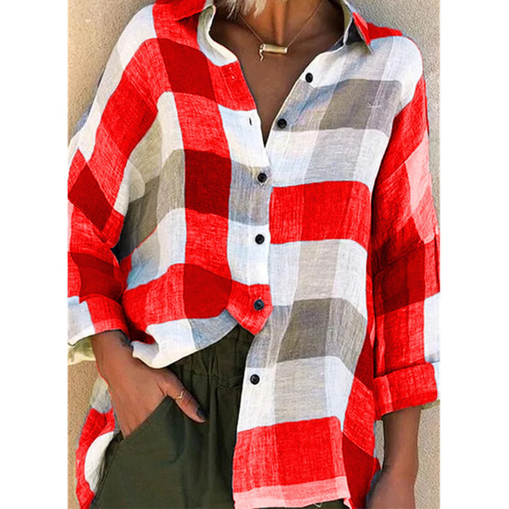 Damen nan oversized Leinenbluse mit großem Karo-Muster und legerem Hemdkragen Drune