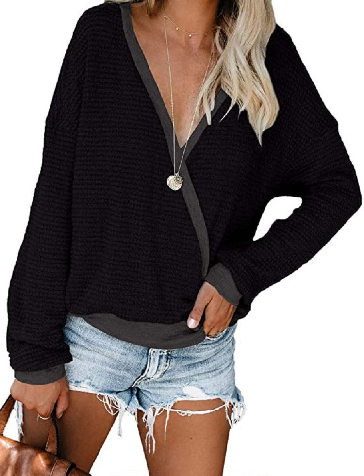 Damen Lockerer Waffelstrick-Pullover mit tiefem V-Ausschnitt und Lagen‑Look Drune