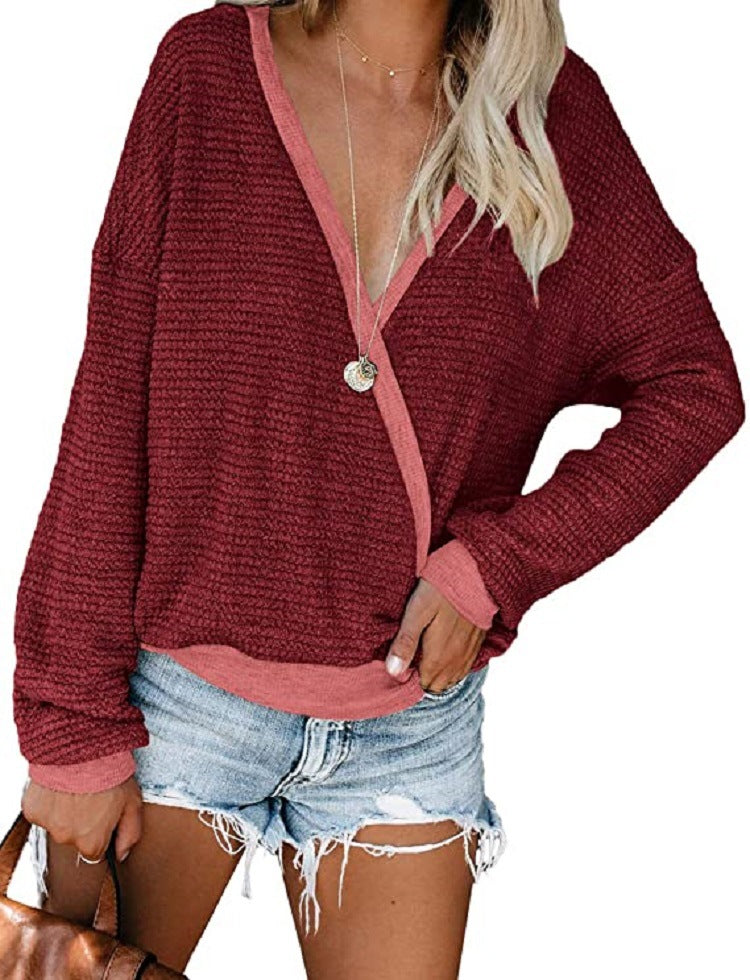 Damen Lockerer Waffelstrick-Pullover mit tiefem V-Ausschnitt und Lagen‑Look Drune