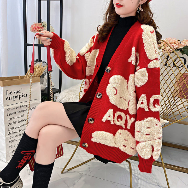 Damen kuschelige Strickjacke mit großem Schriftmotiv Drune