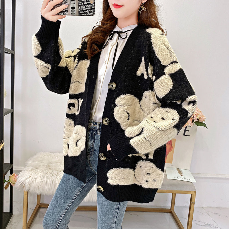 Damen kuschelige Strickjacke mit großem Schriftmotiv Drune
