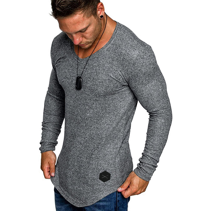 Herren Enganliegendes Langarmshirt mit tiefem V-Ausschnitt, elastischem Baumwollmix und abgerundetem Saum Drune