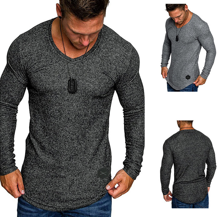 Herren Enganliegendes Langarmshirt mit tiefem V-Ausschnitt, elastischem Baumwollmix und abgerundetem Saum Drune