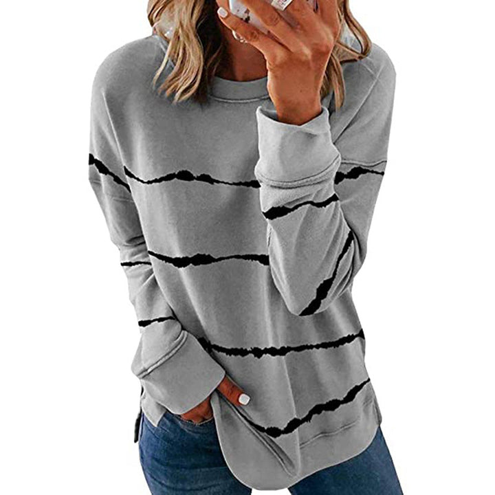 Damen nan lässiges Oversize-Sweatshirt mit wellenförmigem Streifenmuster Rundhals Seitenschlitzen und gerundetem Saum Drune