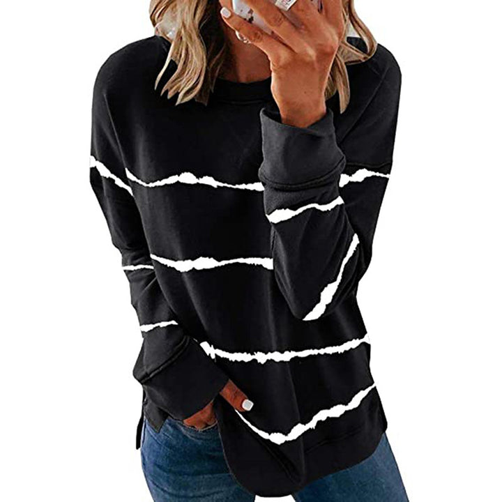 Damen nan lässiges Oversize-Sweatshirt mit wellenförmigem Streifenmuster Rundhals Seitenschlitzen und gerundetem Saum Drune