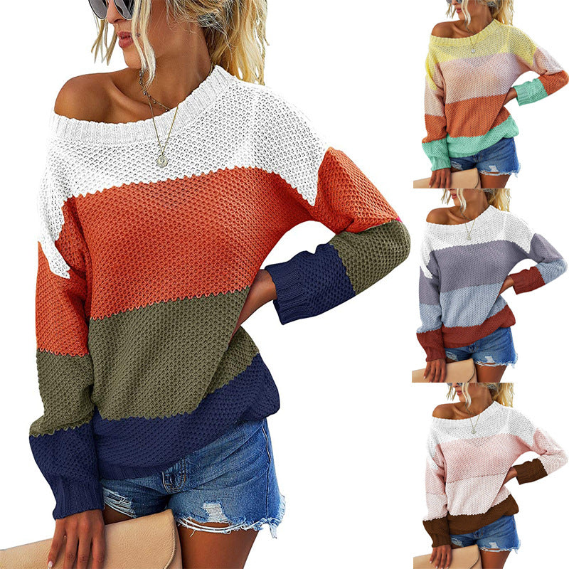 Damen Schulterfreier Blockstreifen-Strickpullover mit Waffelstruktur und Oversize-Schnitt Drune