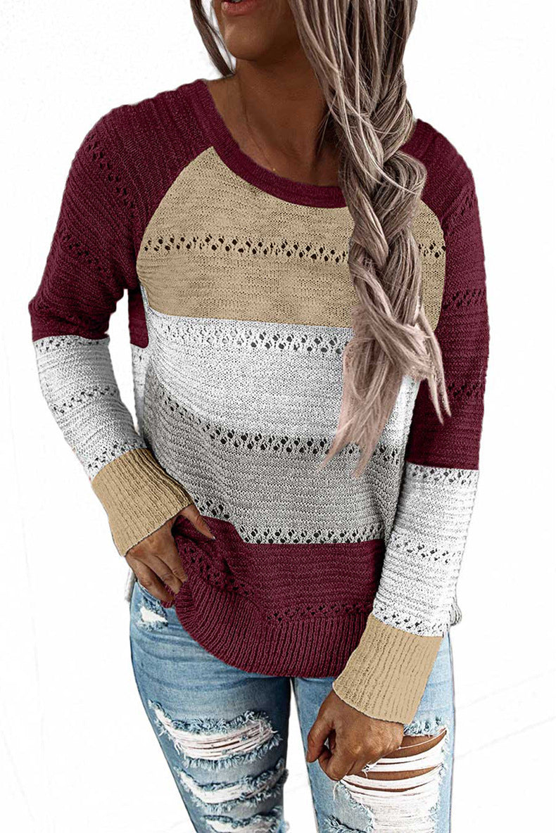 Damen Lässiger Strickpullover mit Ajour‑Muster, Colourblock‑Einsätzen und lockerer Passform Drune
