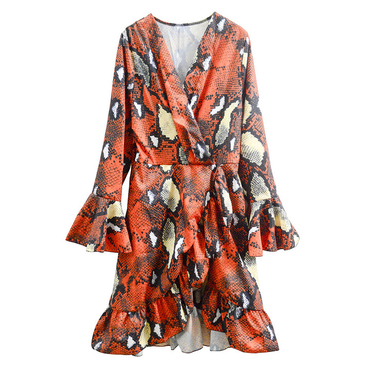 Damen Wickelkleid mit Schlangenmuster, Glockenärmeln & Rüschenbesatz Drune