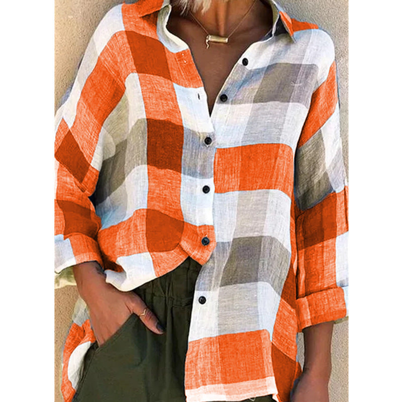 Damen nan oversized Leinenbluse mit großem Karo-Muster und legerem Hemdkragen Drune
