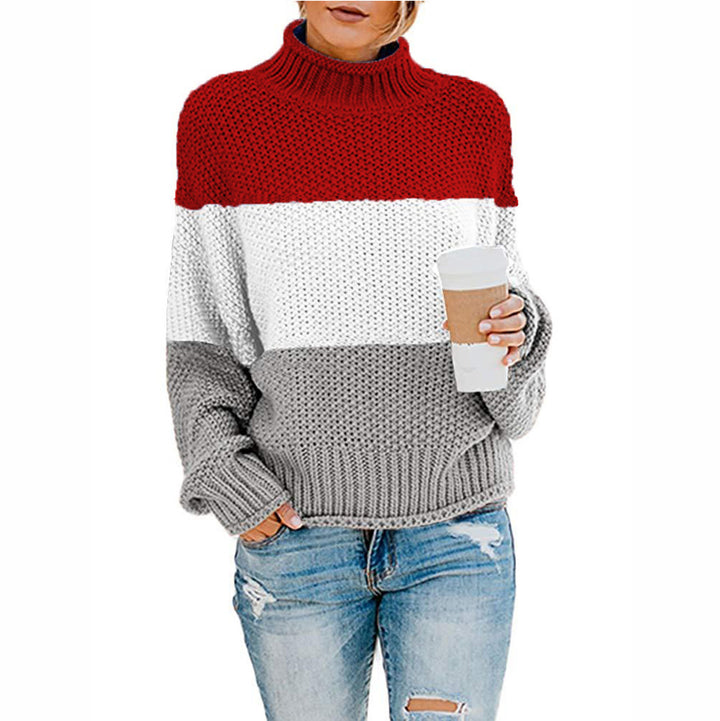Damen Grobstrick-Pullover mit Stehkragen, Blockstreifen und Oversize-Passform Drune