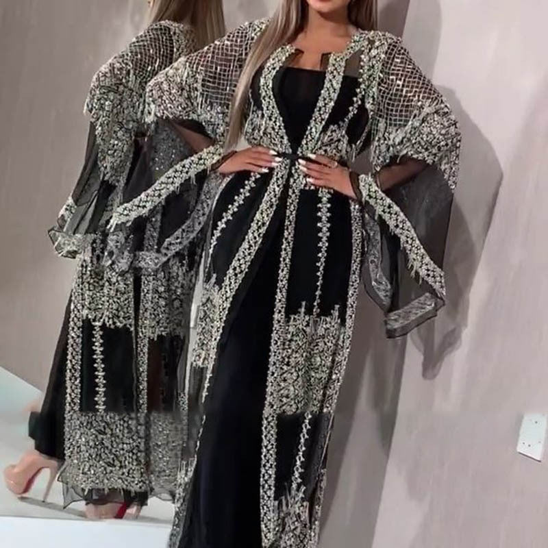 Damen Elegante Kaftan Robe aus transparentem Stoff mit aufwendigen Verzierungen Drune