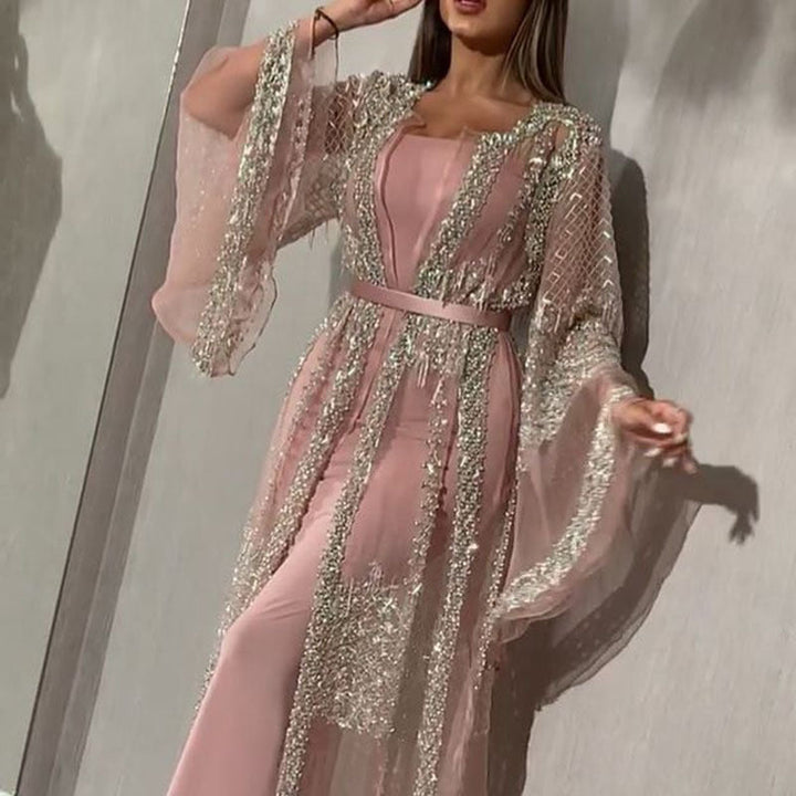 Damen Elegante Kaftan Robe aus transparentem Stoff mit aufwendigen Verzierungen Drune