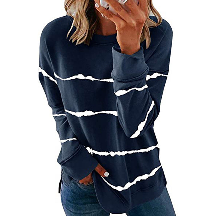 Damen nan lässiges Oversize-Sweatshirt mit wellenförmigem Streifenmuster Rundhals Seitenschlitzen und gerundetem Saum Drune