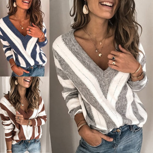 Damen Oversize V-Ausschnitt-Pullover mit Chevron-Intarsie und Ajourstrick Drune