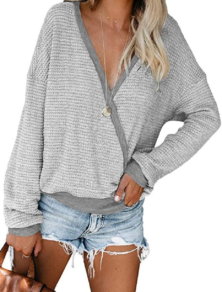Damen Lockerer Waffelstrick-Pullover mit tiefem V-Ausschnitt und Lagen‑Look Drune