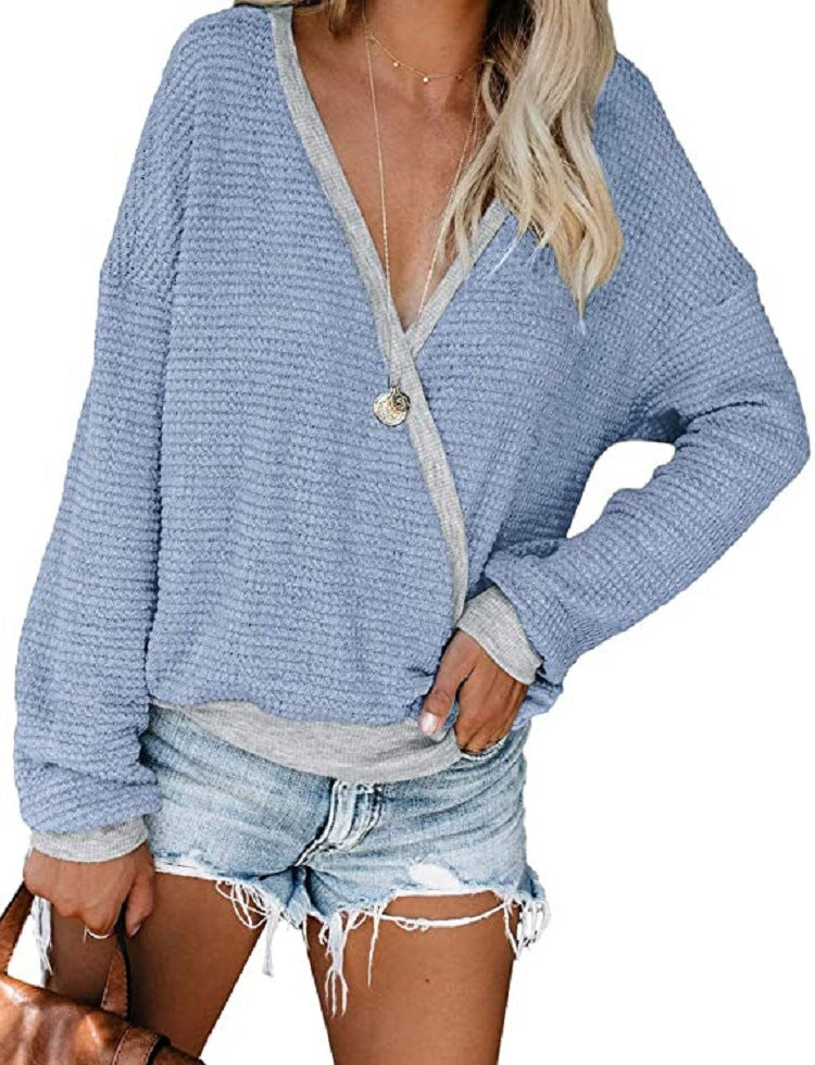 Damen Lockerer Waffelstrick-Pullover mit tiefem V-Ausschnitt und Lagen‑Look Drune