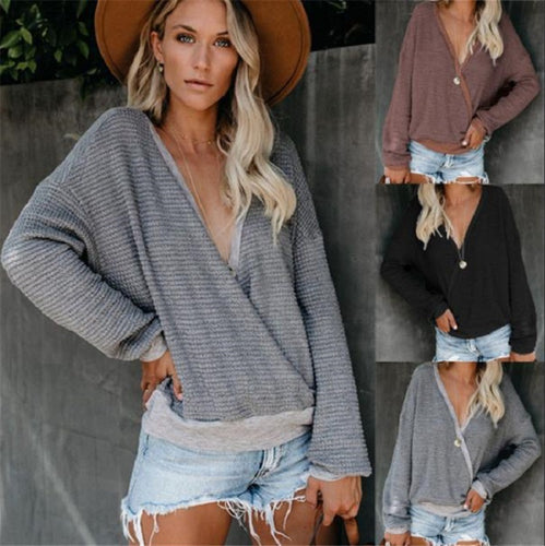 Damen Lockerer Waffelstrick-Pullover mit tiefem V-Ausschnitt und Lagen‑Look Drune