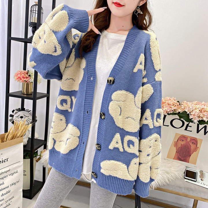 Damen kuschelige Strickjacke mit großem Schriftmotiv Drune